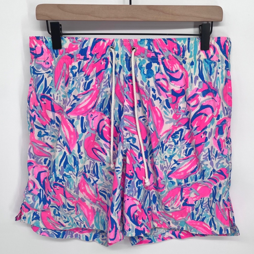 Lilly Pulitzer Capri Trunk Mens Medium Pink Blue Abstract Swim Shorts Beachwear